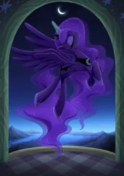 Size: 2832x4019 | Tagged: safe, artist:liu ting, derpibooru import, princess luna, alicorn, pony, eyes closed, female, flying, glowing horn, magic, magic aura, mare, moon, solo, spread wings, wings