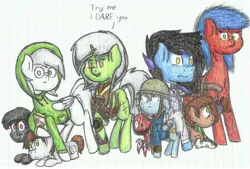 Size: 5776x3914 | Tagged: safe, artist:binary6, derpibooru import, oc, oc:alloy cog, oc:binary5, oc:binary6, oc:circuit, oc:digit, oc:ebony, oc:polymer cog, oc:tutoral, unofficial characters only, pegasus, pony, unicorn, fallout equestria, army helmet, bowtie, clothes, glasses, helmet, hoodie, leather armor, lined paper, overmare, pipbuck, scarf, simple background, socks, stable-tec, traditional art