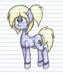 Size: 3146x3707 | Tagged: safe, artist:binary6, derpibooru import, oc, oc:cindy, unofficial characters only, pony, robot, robot pony, lined paper, ponytail, solo, traditional art