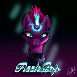 Size: 2000x2000 | Tagged: safe, artist:alecace445, derpibooru import, fizzlepop berrytwist, tempest shadow, my little pony: the movie, armor, grin, looking at you, magic, menacing, smiling, solo