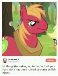 Size: 3106x4096 | Tagged: safe, derpibooru import, screencap, applejack, big macintosh, earth pony, pony, leak, angry, female, horse collar, male, mare, meta, peter new, stallion, text, twitter, yoke