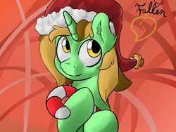 Size: 3200x2400 | Tagged: safe, artist:lurker, derpibooru import, oc, oc:fallenleaf, unofficial characters only, unicorn, candy, candy cane, christmas, food, hat, hearts and hooves day, holiday, santa hat, simple background