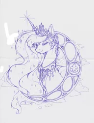 Size: 1218x1586 | Tagged: safe, artist:longinius, derpibooru import, princess luna, alicorn, pony, abstract background, bust, crescent moon, crown, ear piercing, earring, female, horn ring, jewelry, mare, monochrome, moon, peytral, piercing, regal, regalia, sketch, smiling