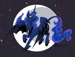 Size: 1301x1000 | Tagged: safe, artist:texasuberalles, derpibooru import, princess luna, alicorn, classical unicorn, pony, alternate design, bat wings, cloven hooves, curved horn, female, flying, hybrid wings, leonine tail, lineless, looking back, mare, moon, slit eyes, solo, space, unshorn fetlocks