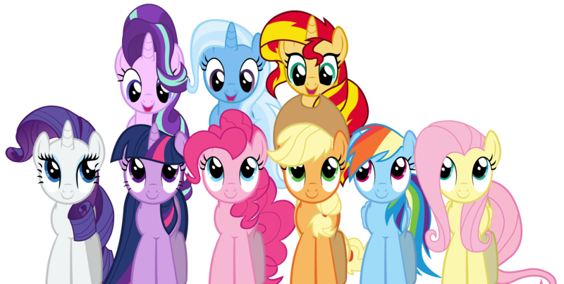 Size: 7178x3617 | Tagged: safe, artist:ramseybrony17, derpibooru import, applejack, fluttershy, pinkie pie, rainbow dash, rarity, starlight glimmer, sunset shimmer, trixie, twilight sparkle, earth pony, pegasus, pony, unicorn, female, high res, magical quartet, magical quintet, magical trio, mane six, mare, simple background, transparent background, unicorn twilight, vector