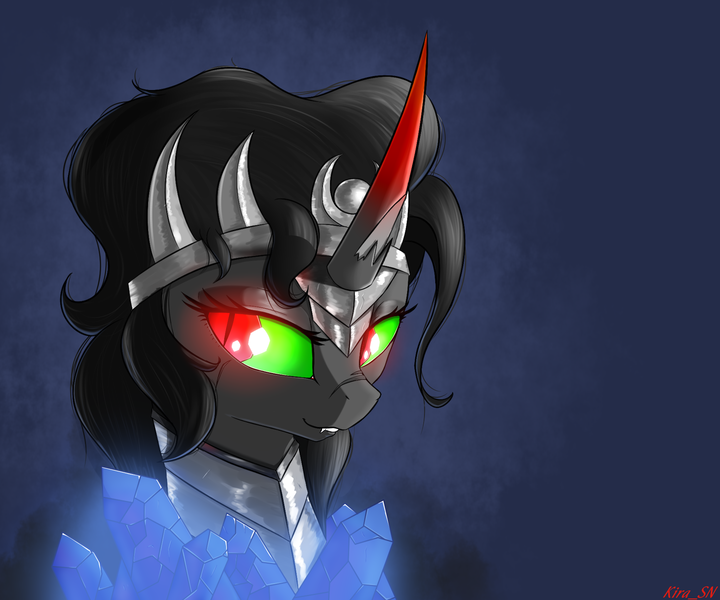 Size: 1866x1554 | Tagged: safe, artist:kirasunnight, derpibooru import, king sombra, pony, unicorn, black hair, black mane, bust, crown, crystal, female, glowing eyes, green eyes, jewelry, mare, queen umbra, red eyes, regalia, rule 63, smiling, solo