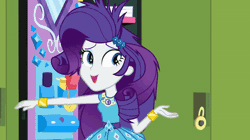 Size: 720x404 | Tagged: safe, derpibooru import, screencap, applejack, drama letter, rarity, sci-twi, teddy t. touchdown, twilight sparkle, watermelody, best trends forever, equestria girls, equestria girls series, animated, background human, best trends forever: pinkie pie, canterlot high, confetti, gif, hallway, lockers
