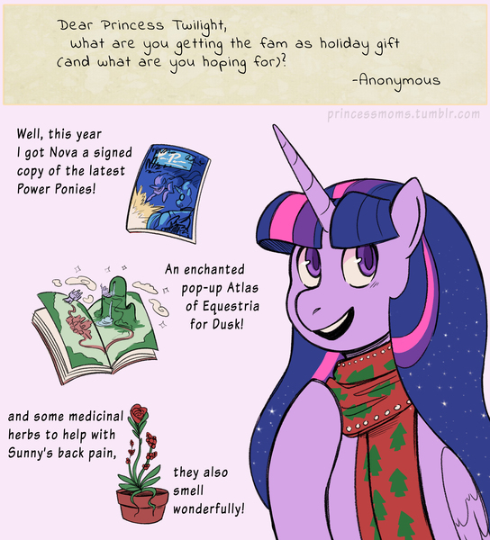 Size: 2400x2646 | Tagged: safe, artist:overlordneon, derpibooru import, twilight sparkle, twilight sparkle (alicorn), alicorn, answer, atlas, christmas, christmas presents, clothes, comic, female, flower, holiday, implied lesbian, implied magical lesbian spawn, implied oc, implied shipping, implied sunset shimmer, implied sunsetsparkle, plant, pop-up book, present, response, scarf