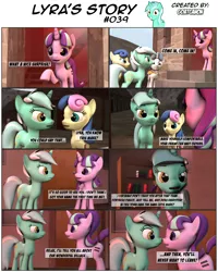 Size: 3928x4908 | Tagged: 3d, artist:goatcanon, bacon braids, bon bon, boop, comic, comic:lyra's story, derpibooru import, dialogue, equal cutie mark, equal town, lyra heartstrings, noseboop, nose wrinkle, our town, party favor, safe, source filmmaker, starlight glimmer, starlight's village, sweetie drops, the cutie map