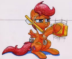 Size: 2686x2193 | Tagged: safe, artist:bbqninja501st, derpibooru import, scootaloo, pony, cute, cutealoo, female, filly, present, ribbon, silly, silly pony, solo, tape, traditional art, wrapping, wrapping paper