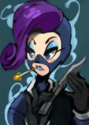 Size: 496x702 | Tagged: artist:bittenhard, butterfly knife, cigarette, crossover, derpibooru import, rarispy, rarity, safe, smoking, spy, team fortress 2