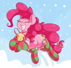 Size: 3000x2856 | Tagged: safe, artist:graphene, derpibooru import, pinkie pie, earth pony, pony, bell, christmas, clothes, cute, diapinkes, eyes closed, female, happy, high res, holiday, jingle bells, jumping, mare, sky, smiling, snow, socks, solo, stockings, striped socks, thigh highs, winter