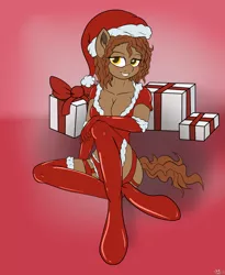 Size: 1800x2200 | Tagged: suggestive, artist:novaspark, derpibooru import, oc, oc:flat spin, unofficial characters only, anthro, unguligrade anthro, bedroom eyes, breasts, christmas, cleavage, clothes, costume, female, hat, holiday, latex, lingerie, panties, present, santa costume, santa hat, sexy, sexy santa costume, solo, solo female, underwear