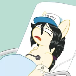 Size: 576x576 | Tagged: safe, artist:scraggleman, derpibooru import, oc, oc:floor bored, unofficial characters only, earth pony, pony, bags under eyes, bed, blanket, chest fluff, female, hat, hospital bed, iv drip, lol comments, mare, regular show, simple background, solo