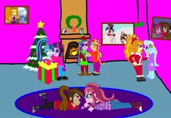 Size: 1077x741 | Tagged: safe, artist:ktd1993, derpibooru import, adagio dazzle, aria blaze, sci-twi, sonata dusk, sunset shimmer, trixie, twilight sparkle, oc, oc:contralto, oc:cupcake slash, equestria girls, christmas, clothes, disguised siren, female, frosty the snowman, holiday, lesbian, nightgown, rudolph the red nosed reindeer, shipping, sunblaze, triagio, twinata