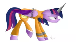 Size: 2309x1297 | Tagged: alicorn, angry, artist:nightmarelight243, bound wings, chains, clothes, cuffs, derpibooru import, horn cap, magic suppression, prisoner, prisoner ts, prison outfit, safe, shackles, twilight sparkle, twilight sparkle (alicorn)