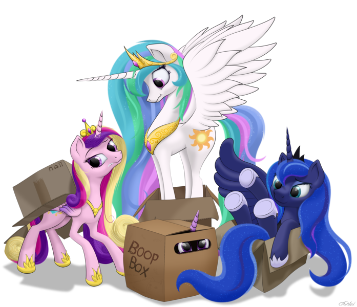 Size: 3010x2590 | Tagged: safe, artist:awalex, derpibooru import, princess cadance, princess celestia, princess luna, twilight sparkle, twilight sparkle (alicorn), alicorn, pony, alicorn tetrarchy, boop box, box, cardboard box, crown, cute, cutedance, female, jewelry, lunabetes, majestic as fuck, mare, peytral, pony in a box, purple smart, regalia, royal sisters, sillestia, silluna, silly, silly pony, simple background, transparent background, underhoof