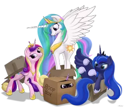 Size: 3010x2590 | Tagged: safe, artist:awalex, derpibooru import, princess cadance, princess celestia, princess luna, twilight sparkle, twilight sparkle (alicorn), alicorn, pony, alicorn tetrarchy, boop box, box, cardboard box, crown, cute, cutedance, female, jewelry, lunabetes, majestic as fuck, mare, peytral, pony in a box, purple smart, regalia, royal sisters, sillestia, silluna, silly, silly pony, simple background, transparent background, underhoof