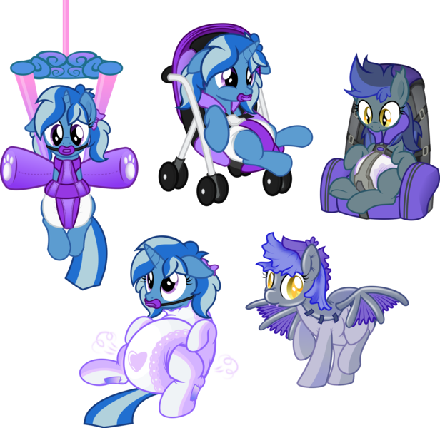 Size: 4952x4820 | Tagged: questionable, artist:nxzc88, derpibooru import, oc, oc:black, oc:midnight brush, unofficial characters only, bat pony, pony, unicorn, absurd resolution, adult foal, baby bouncer, bodysuit, bow, car seat, collage, commission, cute, cute little fangs, diaper, diaper fetish, diapercritter, fangs, female, females only, fetish, floppy ears, hair bow, mittens, pacifier, pacifier gag, pigtails, poofy diaper, raised hoof, simple background, sitting, straps, stroller, suspended, transparent background, vector