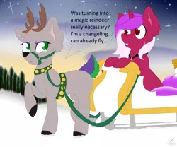 Size: 6002x5000 | Tagged: safe, artist:cassidyspectrum, derpibooru import, oc, oc:burning passion, oc:cyanide sting, unofficial characters only, changeling, deer, reindeer, unicorn, absurd resolution, changeling oc, harness, sleigh, snow, tack, transformed