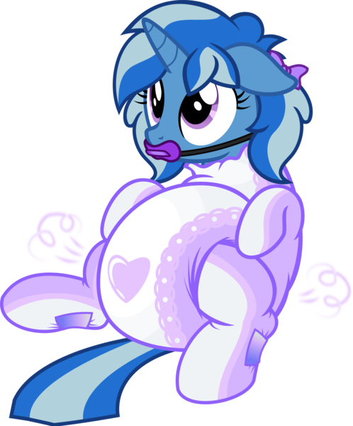 Size: 1800x2168 | Tagged: questionable, artist:nxzc88, derpibooru import, oc, oc:midnight brush, unofficial characters only, pony, unicorn, spoiler:eqg specials, adult foal, bodysuit, bow, commission, cute, diaper, diaper fetish, diaper suit, female, fetish, floppy ears, hair bow, pacifier gag, pigtails, poofy diaper, simple background, sitting, solo, solo female, transparent background, vector