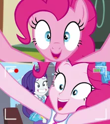 Size: 1920x2160 | Tagged: safe, derpibooru import, screencap, pinkie pie, rarity, earth pony, pony, best trends forever, equestria girls, equestria girls series, make new friends but keep discord, best trends forever: pinkie pie, bow, breaking the fourth wall, camera shot, choose pinkie pie, comparison, female, fourth wall, geode of shielding, geode of sugar bombs, he wants all of the cakes