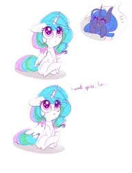 Size: 3826x5000 | Tagged: safe, artist:pinkablue, derpibooru import, princess celestia, princess luna, alicorn, pony, blushing, comic, cute, cutelestia, dialogue, duo, eyes closed, female, floppy ears, happy, heart, holding a pony, jealous, lunabetes, mare, offscreen character, royal sisters, simple background, sisters, sitting, upsies, white background