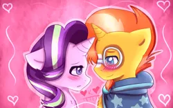 Size: 1920x1200 | Tagged: safe, artist:catringleyzis, derpibooru import, starlight glimmer, sunburst, pony, unicorn, abstract background, blushing, bust, chest fluff, colored pupils, female, floppy ears, looking at each other, male, mare, profile, shipping, stallion, starburst, straight