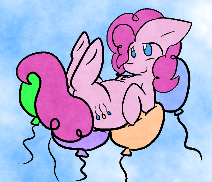 Size: 824x707 | Tagged: safe, artist:zutcha, derpibooru import, pinkie pie, earth pony, pony, balloon, balloon sitting, chest fluff, female, floating, floppy ears, mare, no pupils, on back, sky, smiling, solo, then watch her balloons lift her up to the sky