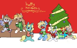 Size: 1900x1200 | Tagged: safe, artist:nootaz, derpibooru import, oc, oc:blank space, oc:chocolate turnover, oc:nootaz, oc:nora swirl, oc:seafoam breeze, oc:waffle line, unofficial characters only, christmas, clothes, holiday, present, sweater, wallpaper