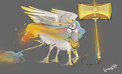 Size: 1538x942 | Tagged: safe, artist:penrosa, derpibooru import, princess celestia, alicorn, classical unicorn, pony, unicorn, armor, bracelet, bridle, chainmail, chains, cloven hooves, crown, curved horn, ear piercing, earring, ethereal mane, female, fire, glowing eyes, glowing mane, gray background, hammer, hoof shoes, horn, horn jewelry, horn ring, impossibly large horn, jewelry, large wings, leonine tail, levitation, lidded eyes, long horn, magic, mane, mane of fire, mare, open mouth, peytral, piercing, raised hoof, regalia, simple background, sledgehammer, smiling, smirk, solo, spread wings, tack, tail feathers, tail jewelry, tail ring, telekinesis, unshorn fetlocks, war hammer, weapon, wings