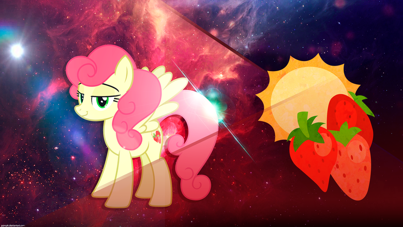 Size: 2560x1440 | Tagged: safe, artist:pyropk, derpibooru import, edit, strawberry sunrise, pegasus, pony, honest apple, female, food, strawberry, wallpaper, wallpaper edit