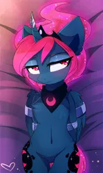 Size: 1580x2656 | Tagged: suggestive, alternate version, artist:magnaluna, derpibooru import, princess luna, alicorn, pony, semi-anthro, alternate hairstyle, arm behind back, belly button, blood moon luna, blushing, bondage, both cutie marks, chest fluff, featureless crotch, female, jewelry, mare, on back, regalia, solo, solo female, thigh gap, unamused