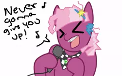 Size: 640x400 | Tagged: 80s, 80s cheerilee, artist:pushpin-heart, cheerilee, derpibooru import, dialogue, microphone, music notes, never gonna give you up, rick astley, rickroll, safe, simple background, solo, song reference, white background