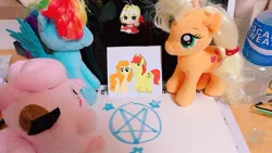 Size: 773x435 | Tagged: safe, derpibooru import, applejack, bright mac, pear butter, rainbow dash, clefairy, alchemy, brightbutter, female, fullmetal alchemist, irl, male, pentagram, photo, plushie, pokémon, shipping, straight, this will end in pain, this will end in tears, this will not end well, transmutation circle, we are going to hell, xk-class end-of-the-world scenario