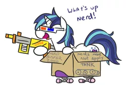 Size: 640x433 | Tagged: safe, artist:jargon scott, derpibooru import, shining armor, pony, 3d glasses, cardboard box, dialogue, female, gleaming shield, hoof hold, male, narf, nerd, nerf, nerf gun, open mouth, rule 63, simple background, skateboard, smiling, solo, stallion, white background