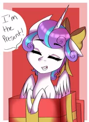 Size: 1900x2600 | Tagged: safe, artist:misskitkat2002, derpibooru import, princess flurry heart, alicorn, pony, bow, box, cute, eyes closed, female, filly, floppy ears, flurrybetes, grin, hair bow, leaning, older, pony in a box, present, smiling, solo, spread wings, wings