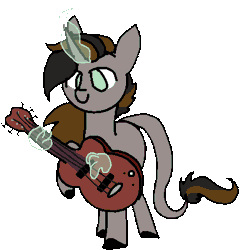 Size: 409x422 | Tagged: safe, artist:nootaz, derpibooru import, oc, oc:emerald whiplash, unofficial characters only, classical unicorn, unicorn, animated, cloven hooves, commission, guitar, hand, leonine tail, magic, magic hands, simple background, transparent background, unshorn fetlocks