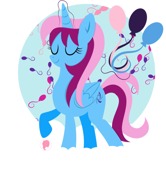 Size: 6868x7189 | Tagged: safe, artist:illumnious, derpibooru import, oc, oc:parcly taxel, unofficial characters only, alicorn, pegasus, pony, absurd resolution, alicorn oc, balloon, birthday present, cloud, eyes closed, female, hooves, lineless, magic, mare, minimalist, modern art, on a cloud, pink background, raised hoof, simple background, smiling, solo, vector, wings