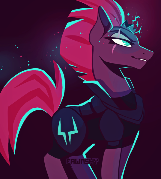 Size: 1043x1166 | Tagged: safe, artist:fawnshy, derpibooru import, tempest shadow, pony, unicorn, my little pony: the movie, armor, broken horn, eye scar, female, glowing horn, horn, mare, scar, solo, sparking horn