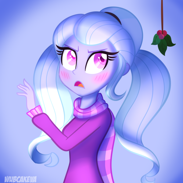 Size: 900x900 | Tagged: safe, artist:wubcakeva, derpibooru import, sugarcoat, equestria girls, blushing, clothes, cute, female, holly, holly mistaken for mistletoe, mistletoe, open mouth, scarf, solo, sugarcute, sweater, unamused