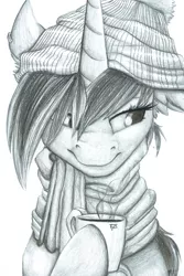 Size: 1600x2400 | Tagged: safe, artist:tillie-tmb, derpibooru import, oc, oc:tempest, unofficial characters only, pony, unicorn, clothes, coffee, female, mare, monochrome, scarf, solo, traditional art