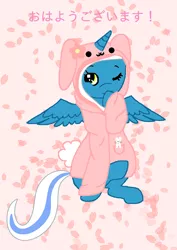 Size: 1000x1414 | Tagged: safe, artist:riofluttershy, derpibooru import, oc, oc:fleurbelle, unofficial characters only, alicorn, pony, adorabelle, alicorn oc, clothes, cute, hoodie, japanese, one eye closed, petals, sleepy, wink