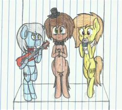 Size: 7429x6704 | Tagged: safe, artist:binary6, derpibooru import, oc, oc:binary2, oc:binary6, oc:binary7, unofficial characters only, pony, robot, robot pony, absurd resolution, bass guitar, belly button, bonnie, bowtie, chica, crossover, cupcake, cute, five nights at freddy's, food, freddy fazbear, hat, lined paper, microphone, musical instrument, top hat, traditional art
