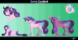 Size: 2100x1071 | Tagged: safe, artist:bijutsuyoukai, derpibooru import, oc, oc:love locket, unofficial characters only, alicorn, pony, alicorn oc, female, jewelry, mare, offspring, parent:king sombra, parent:princess cadance, parents:somdance, prone, reference sheet, regalia, solo, unshorn fetlocks