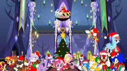 Size: 4300x2419 | Tagged: safe, artist:trungtranhaitrung, derpibooru import, applejack, pinkie pie, rainbow dash, rarity, starlight glimmer, sunset shimmer, twilight sparkle, twilight sparkle (alicorn), oc, alicorn, blaze the cat, christmas, christmas tree, classic sonic, crossover, doctor eggman, gadget the wolf, holiday, knuckles the echidna, miles "tails" prower, present, shadow the hedgehog, sonic forces, sonic the hedgehog, sonic the hedgehog (series), tree