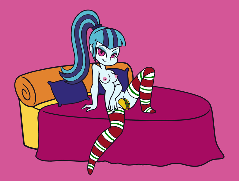 Size: 2378x1800 | Tagged: questionable, artist:khuzang, derpibooru import, sonata dusk, equestria girls, rainbow rocks, bed, bedroom eyes, breasts, clothes, female, food, looking at you, nipples, nudity, pillow, pink background, simple background, smiling, socks, solo, solo female, stockings, striped socks, stupid sexy sonata dusk, taco, thigh highs