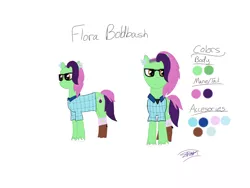 Size: 1024x768 | Tagged: safe, artist:radiancedashzelda, derpibooru import, oc, oc:flora boldbash, unofficial characters only, earth pony, pony, boots, clothes, ear piercing, earring, female, flannel, glasses, jewelry, mare, piercing, plaid shirt, reference sheet, shoes, simple background, socks, solo, undercut, unshorn fetlocks, white background