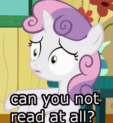 Size: 437x475 | Tagged: safe, derpibooru import, edit, edited screencap, screencap, sweetie belle, pony, unicorn, the fault in our cutie marks, confused, female, filly, image macro, meme, reaction image, shrunken pupils, solo