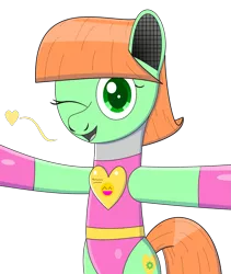 Size: 1263x1500 | Tagged: safe, artist:trackheadtherobopony, derpibooru import, oc, oc:goldheart, unofficial characters only, pony, robot, robot pony, clothes, cute, heart, hug, leotard, looking at you, one eye closed, simple background, solo, transparent background, wink